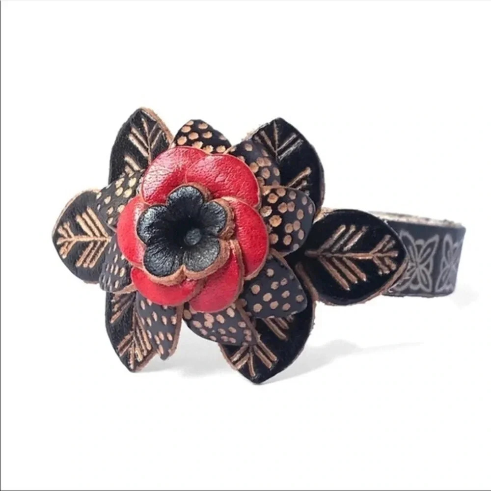 Handmade Genuine Leather Flower Bracelet | Boho Artisan Adjustable Cuff